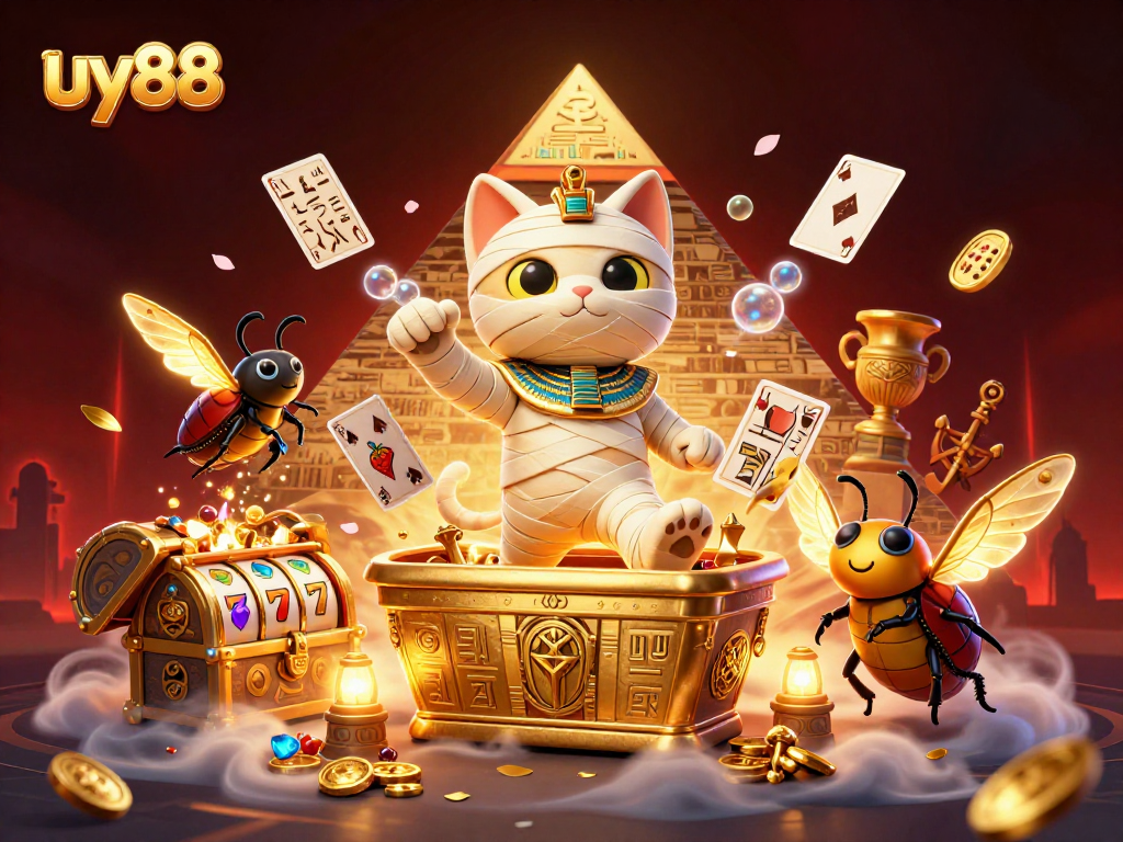 Enjoy the thrill of uy88 in this vibrant 3D casino scene featuring a mummy cat and magical elements