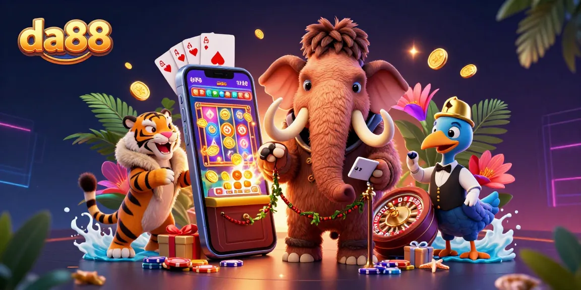 Experience thrilling moments at da88 with a lively 3D casino scene featuring unique characters.