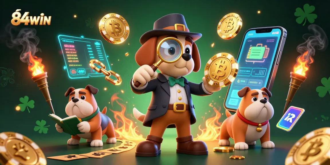 Experience the thrill of 84WIN with a cartoon detective solving clues among glowing crypto elements and poker chips.