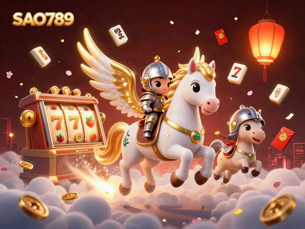 Spin the reels on SAO789, where a celestial horse soars amidst vibrant casino excitement.