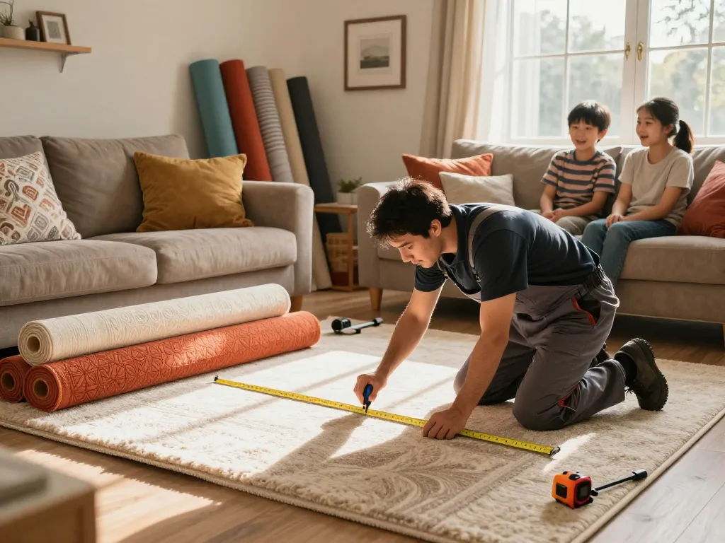 Home carpet fitting services with a professional carpet fitter measuring and cutting vibrant carpet in a cozy living room.