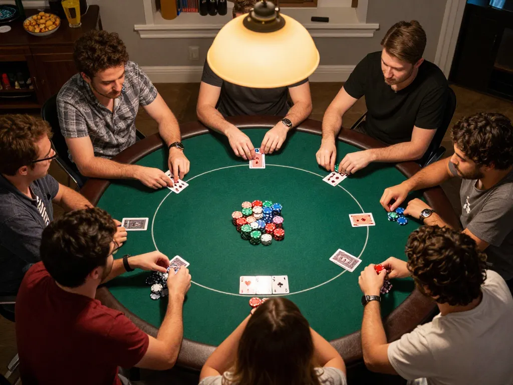 Players enjoying a competitive home poker game while using 789club for virtual betting.