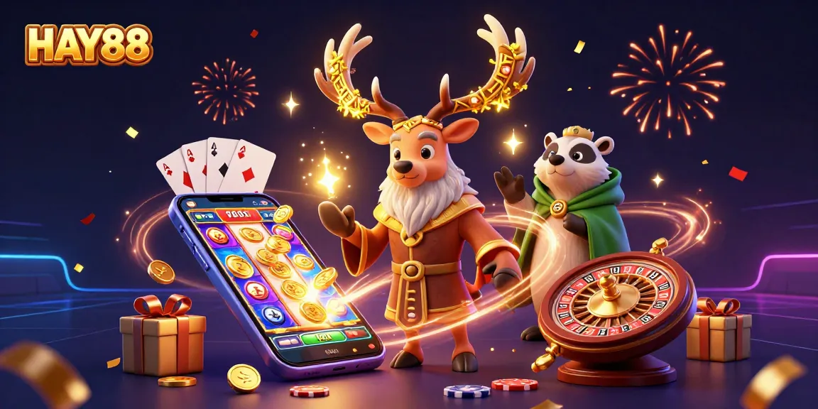 Join the excitement at HAY88 with a dynamic gaming illustration featuring vibrant slot games and charming characters.