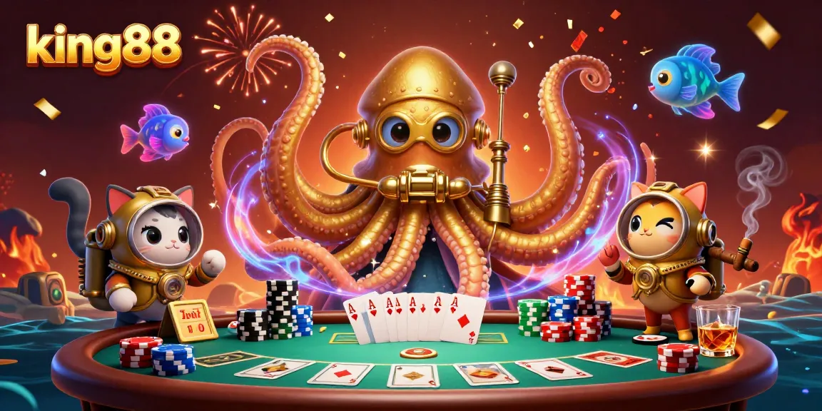 Immerse in king88's dynamic gaming world with a colorful 3D illustration of a kraken, diving cat, and vibrant poker elements.