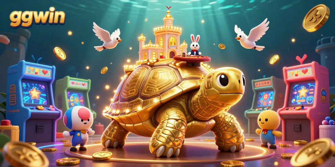 Spin and win at ggwin with a vibrant scene of a golden tortoise casino and animated birds.