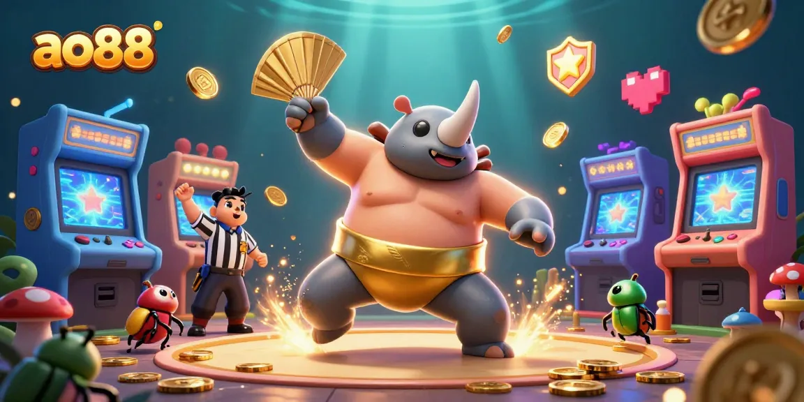 ao88 showcases a vibrant scene with a rhinoceros beetle champion and casino elements, featuring coins and arcade machines.