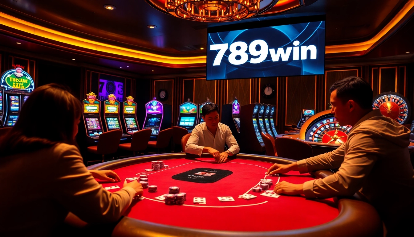 Players enjoying an exciting game at 789win's vibrant casino table with chips and cards.