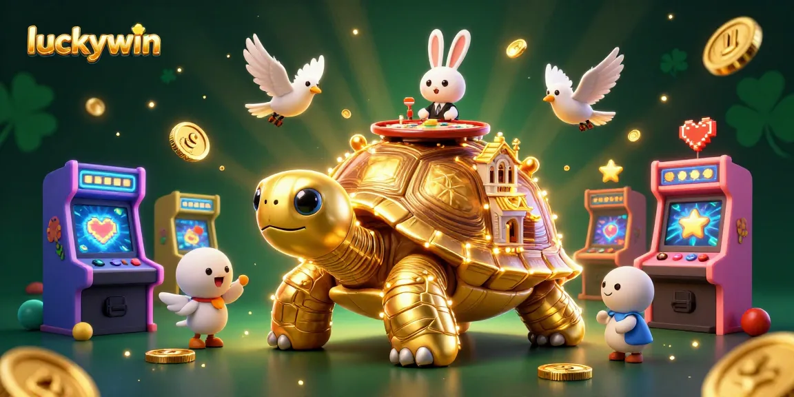 Experience thrilling gaming at luckywin with a cartoon tortoise casino scene full of action and excitement.
