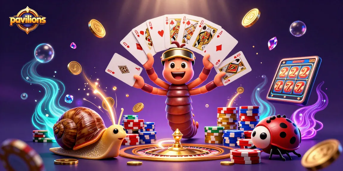 Pavilions showcases a vibrant 3D casino scene with characters bringing excitement, chips, and treasures.