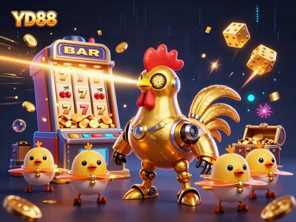 Experience thrilling gameplay with YD88's vibrant casino world featuring golden rooster robot and slot machine action.