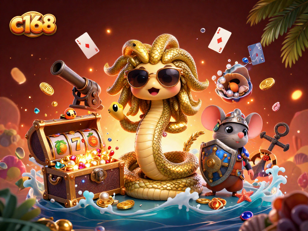 Engage in thrilling gameplay at c168 with a vibrant 3D casino scene featuring Medusa, wealth, and lively game elements.