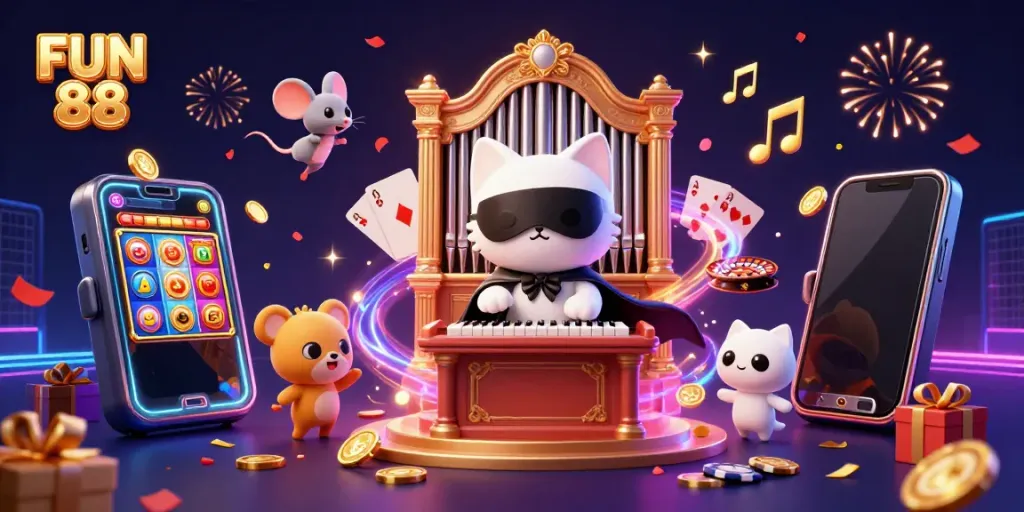 Embrace the excitement of FUN 88 with a stunning casino illustration featuring unique characters and gaming elements.