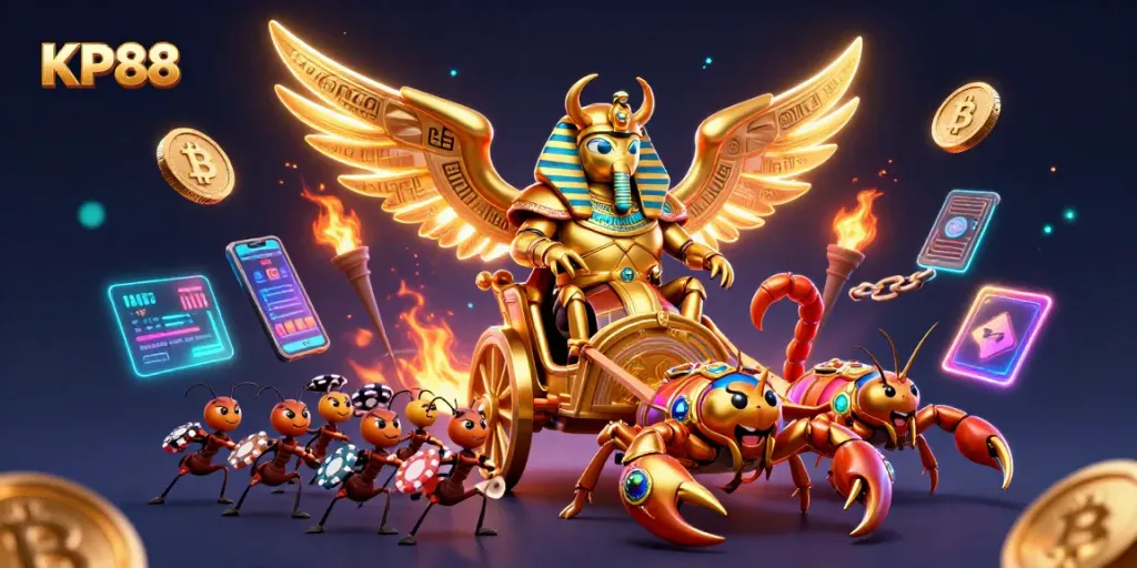 Win big at KP88 with a vibrant casino scene featuring a golden scarab beetle and poker chips.