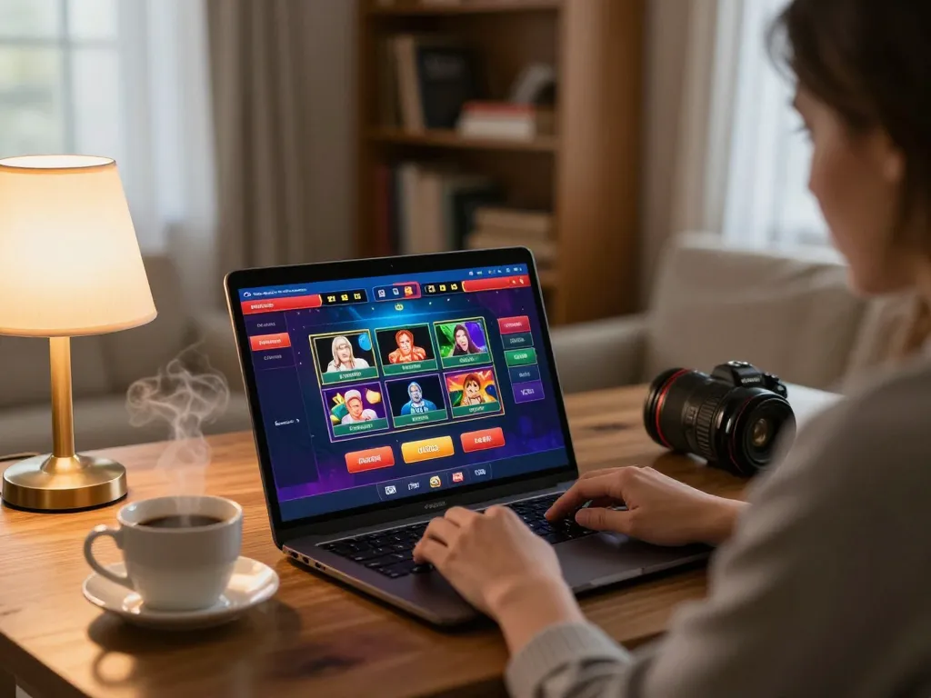Engaging in max88 online gaming experience with a laptop and coffee in a cozy home setup