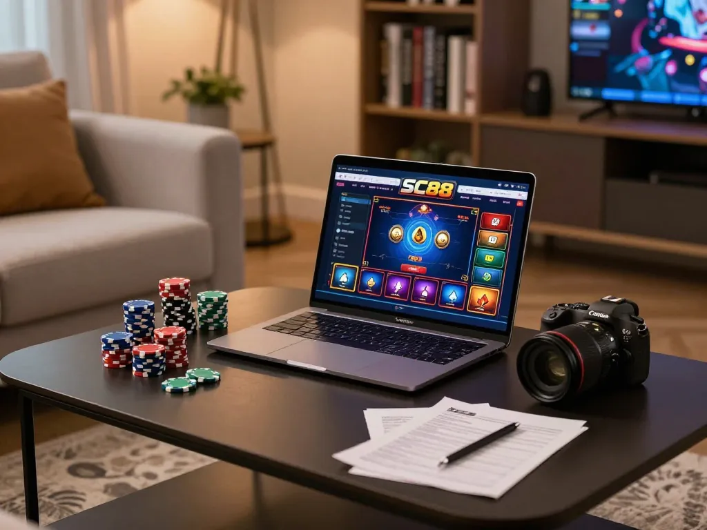 Player engaging with SC88 online casino interface at a stylish home desk during a gaming session.