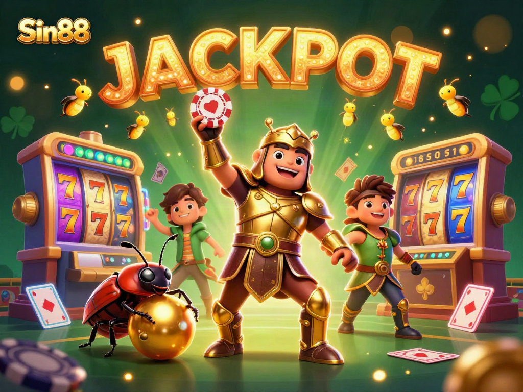 Experience excitement with Sin88's vibrant casino world featuring colorful slot machines and characters in action.