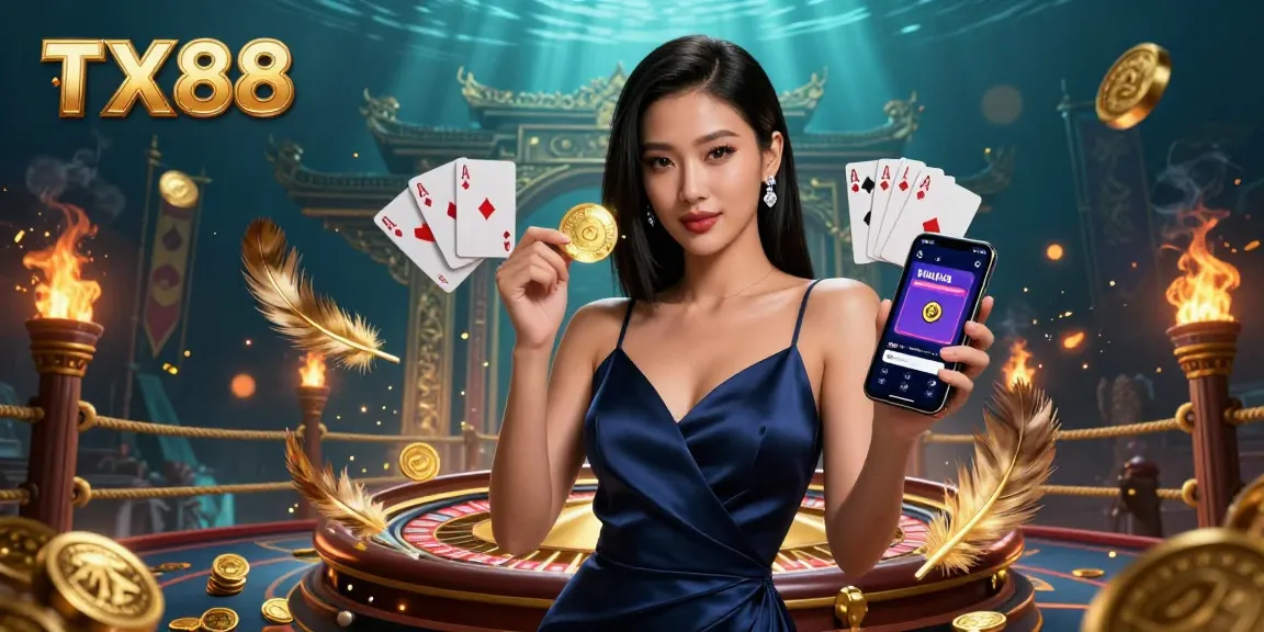 Bet on TX88 with a stunning Asian woman showcasing her casino app and golden chip among casino elements.