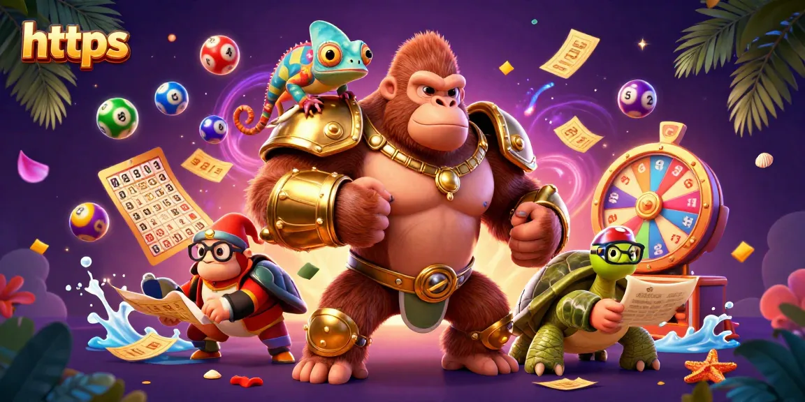 Experience thrilling gameplay with https as a powerful gorilla king, a color-changing chameleon, and a wise tortoise in this vibrant gambling illustration.