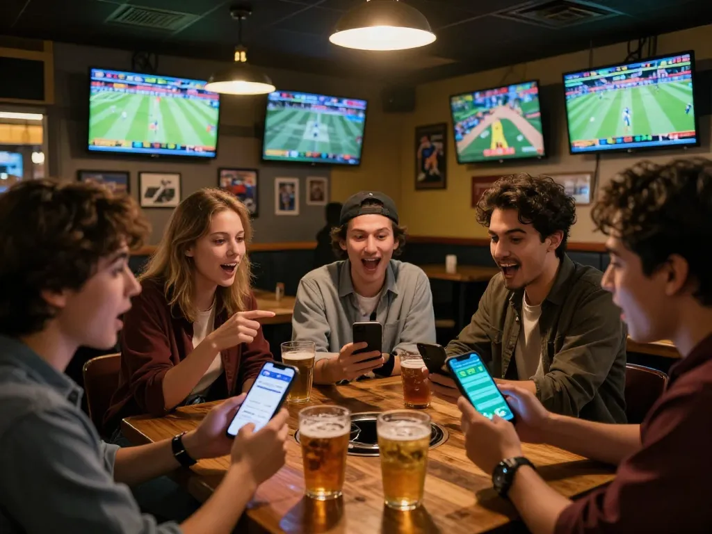 Tỷ lệ kèo nhà cái displayed on multiple screens as excited bettors engage in sports betting at a lively venue.