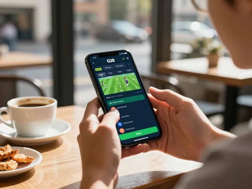 Experience thrilling sports betting with G28 on your mobile device in a cozy café