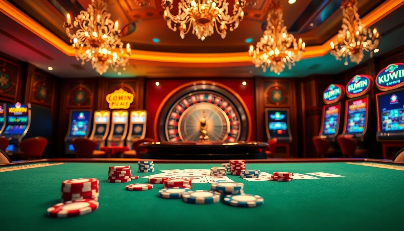 Kuwin casino action with vibrant poker chips and roulette wheel in a luxurious atmosphere.