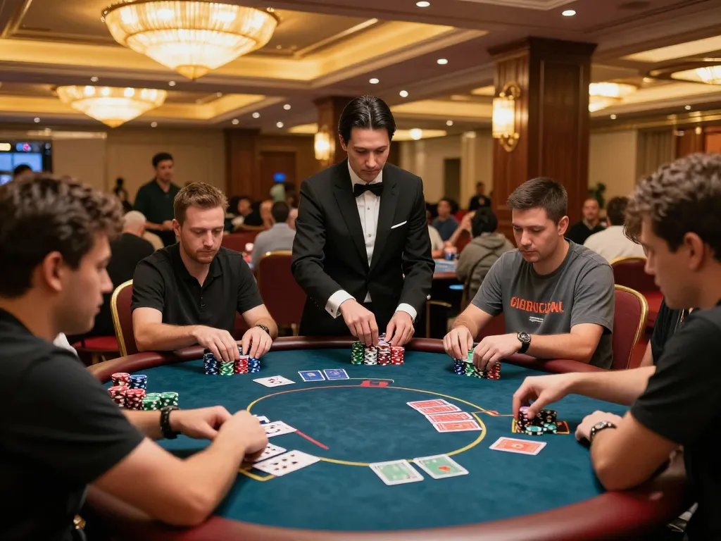 CO88 players enjoying an intense poker game with vibrant chip stacks and attentive dealer.