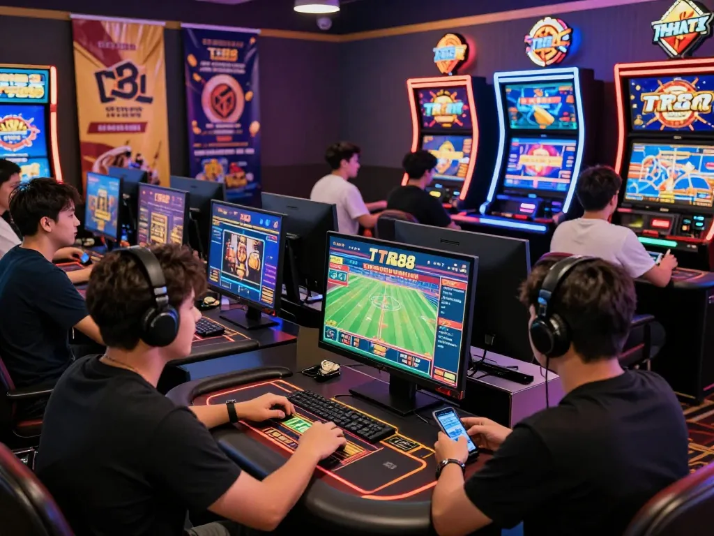 Engaged players enjoying TR88 online gaming experience in a vibrant digital casino setting, showcasing various games.