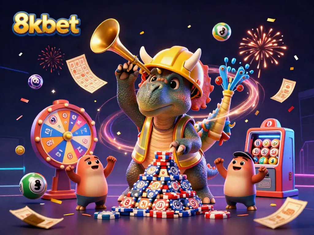 Experience the thrill of 8xbet as a triceratops builds a poker chip pyramid amidst a vibrant casino celebration.