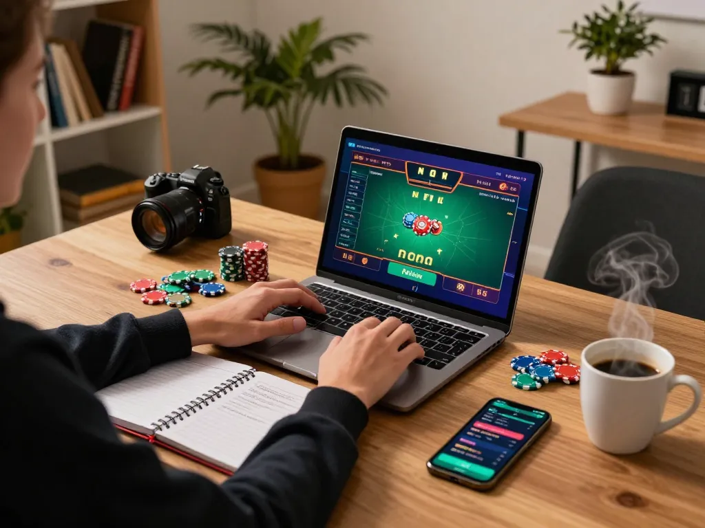 Engaging in online casino gaming at https://sshbet.io/ using a laptop with vibrant poker interface in stylish home office.