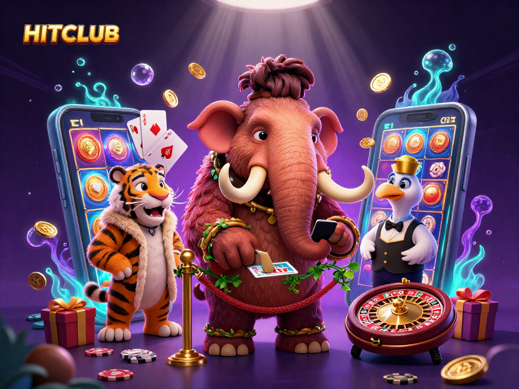 HITCLUB showcases an epic casino scene with a woolly mammoth bouncer, enhancing your gaming experience.