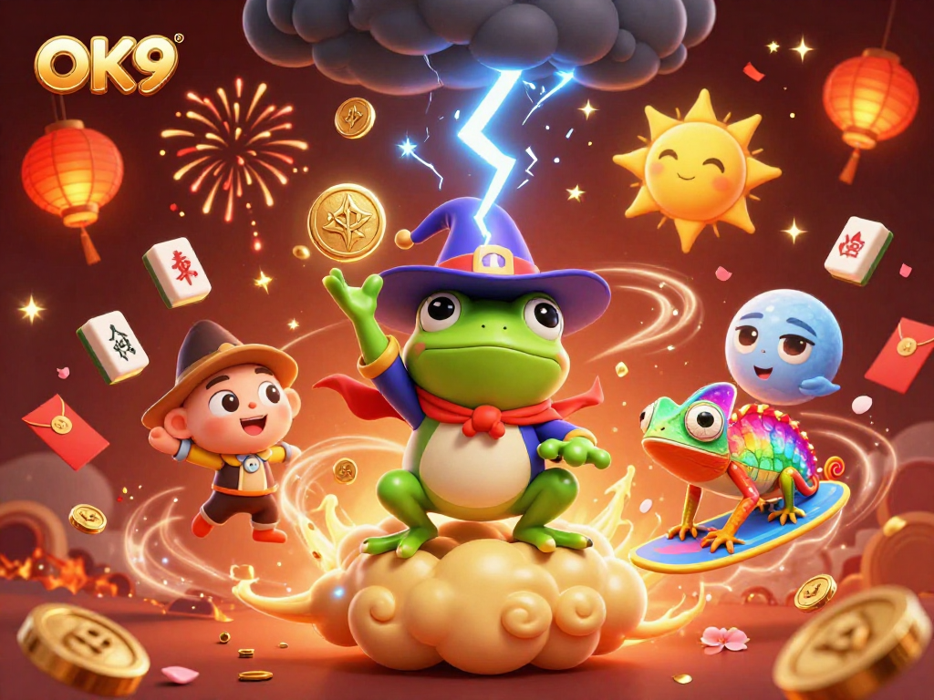 Win big at OK9 with a magical scene of a wizard frog and chameleon amidst festive casino elements.