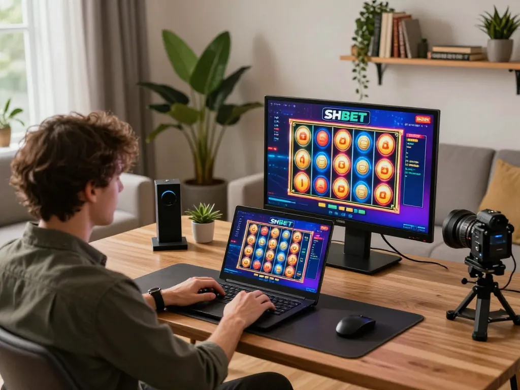 Engaged player enjoying SHBET online casino slots on a laptop in a cozy home office