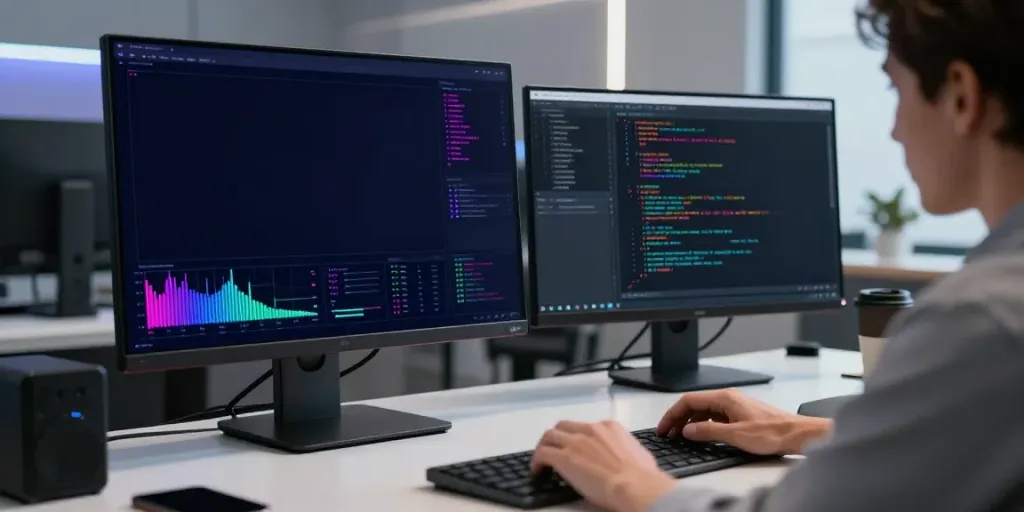 Network vulnerability assessment tools on a professional developer's desk showcasing software code and cybersecurity analytics.