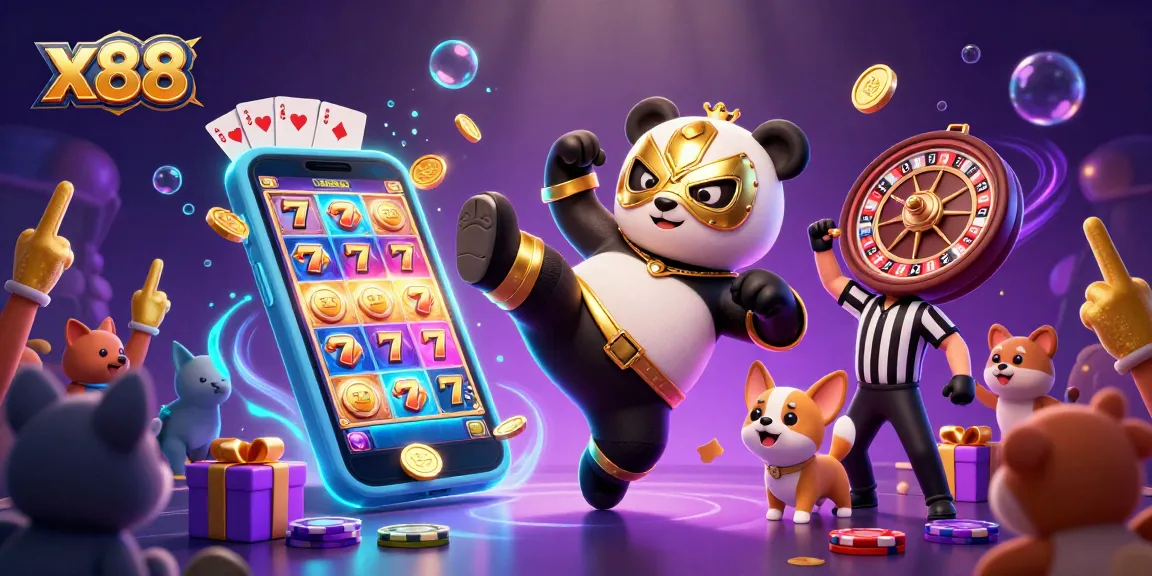 x88 illustrates exciting gameplay with a wrestler panda and animal audience enjoying a slot game.