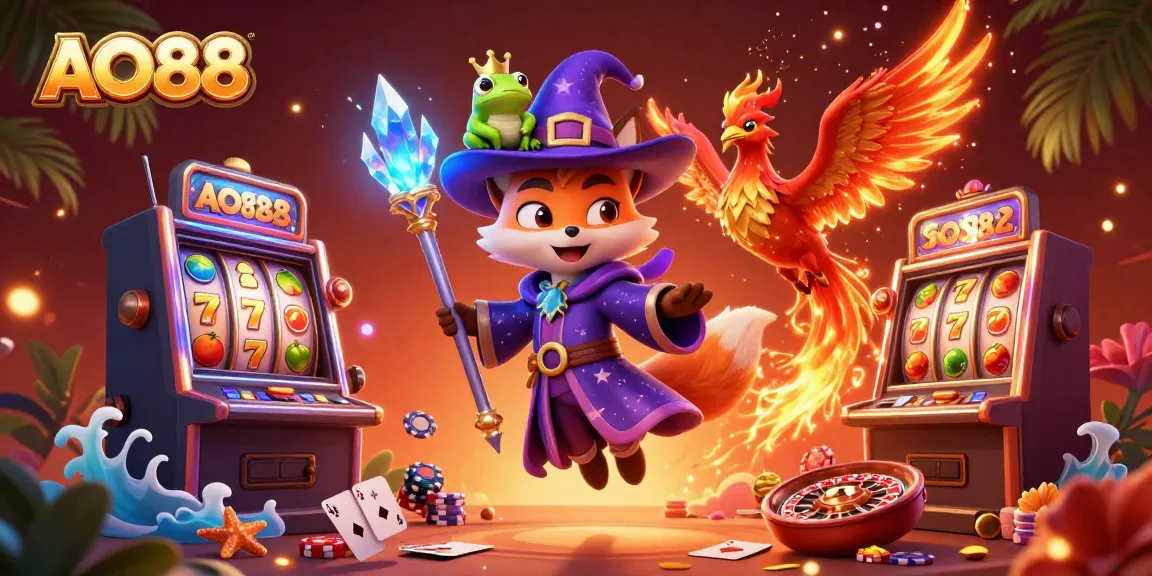 Engage with AO88's slots featuring a mystical wizard fox and phoenix companions in a vibrant casino scene.