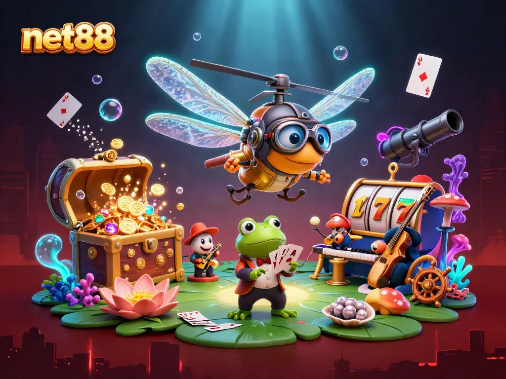 Experience the thrill of net88 with a lively casino scene featuring a dragonfly pilot and a frog croupier.