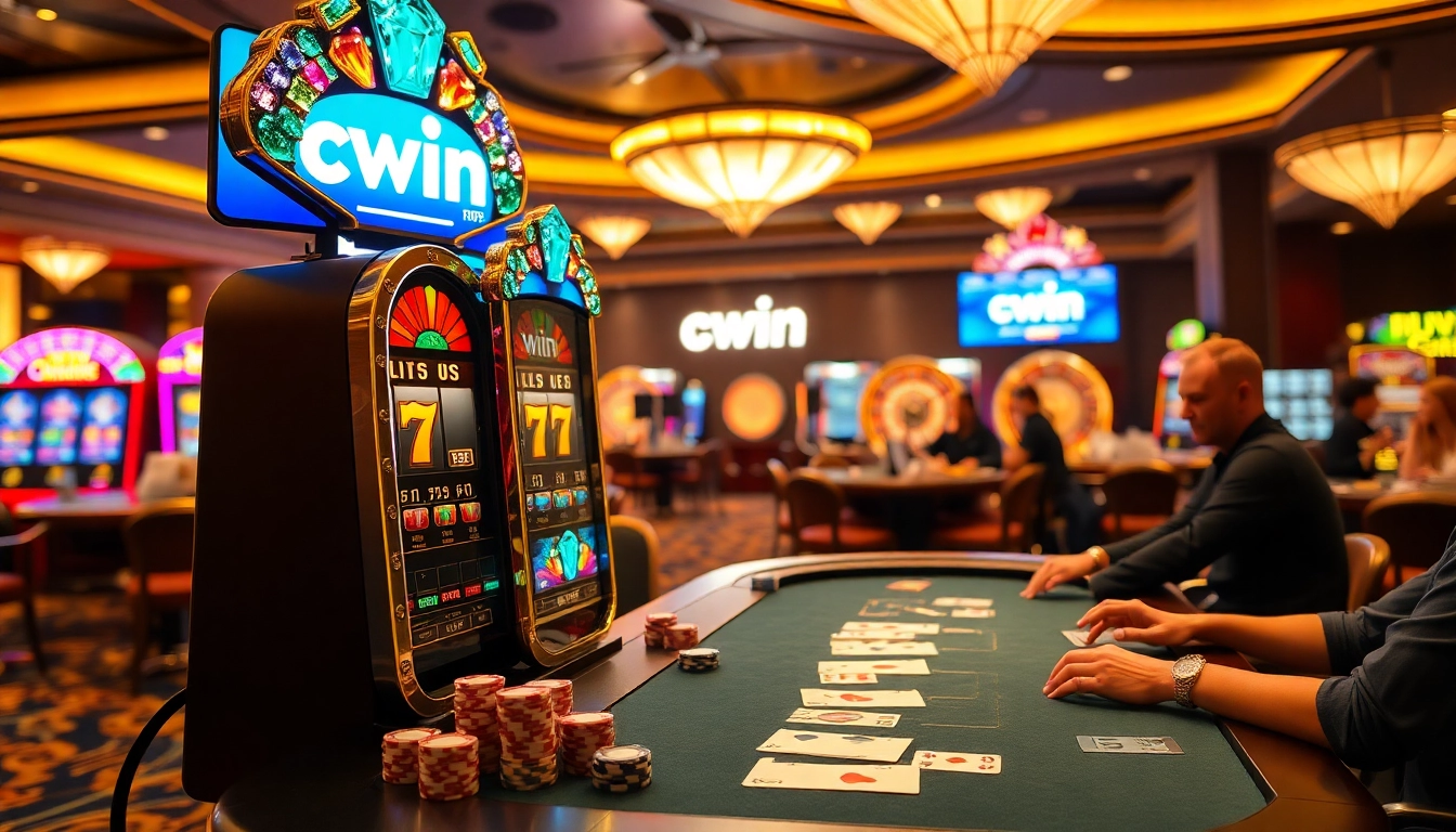 Experience luxury and excitement at Cwin's vibrant casino, featuring lively slot machines and poker games.