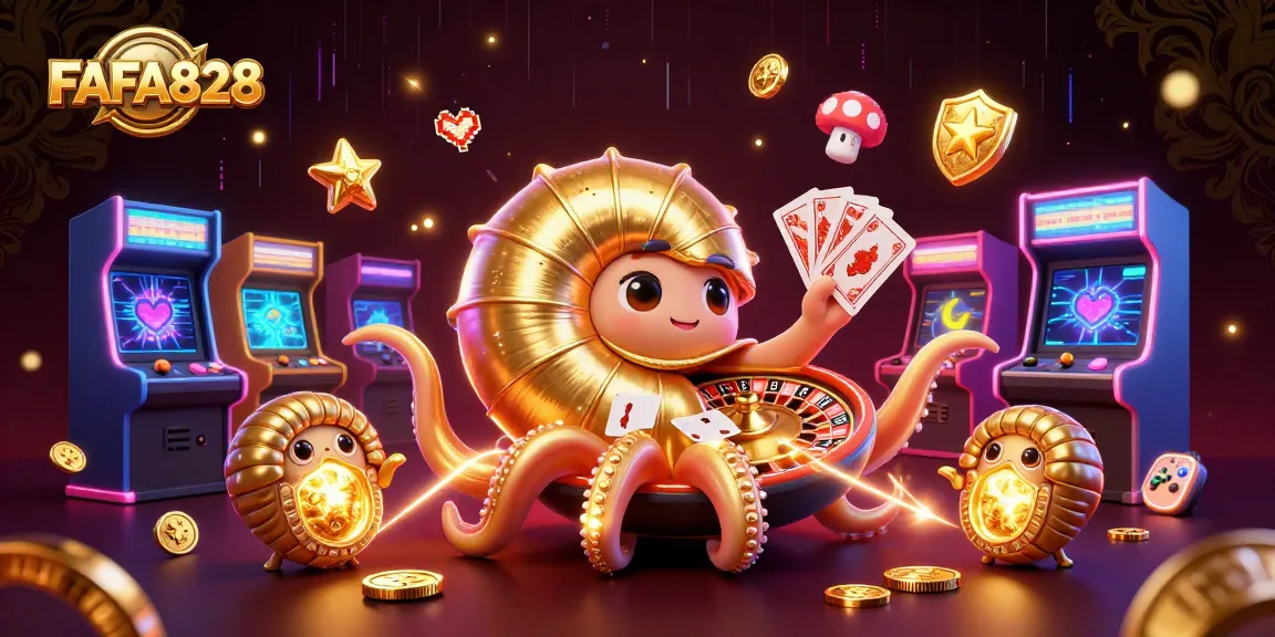 FAFA828 engages players with an exciting 3D illustration featuring a giant nautilus roulette wheel and glowing game elements.