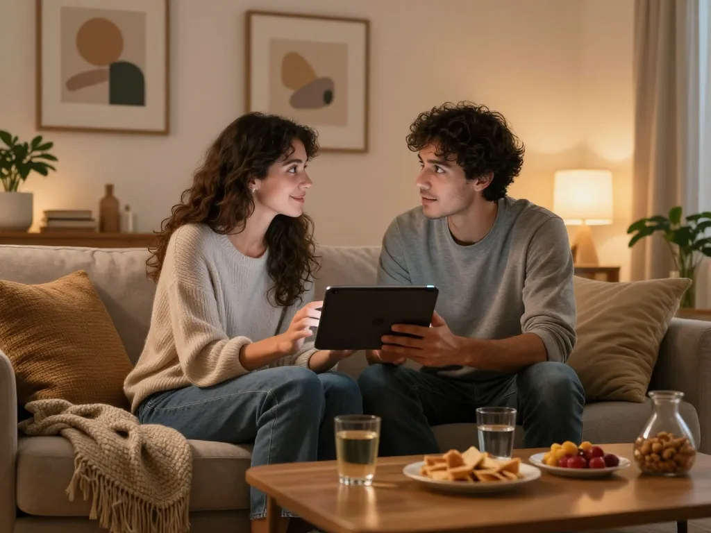 Couple exploring sex AI technology on a tablet in a cozy living room.