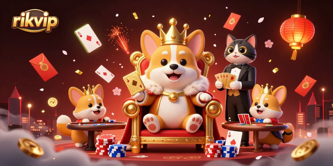rikvip poker scene featuring a royal corgi and cat butler in a vibrant casino setting