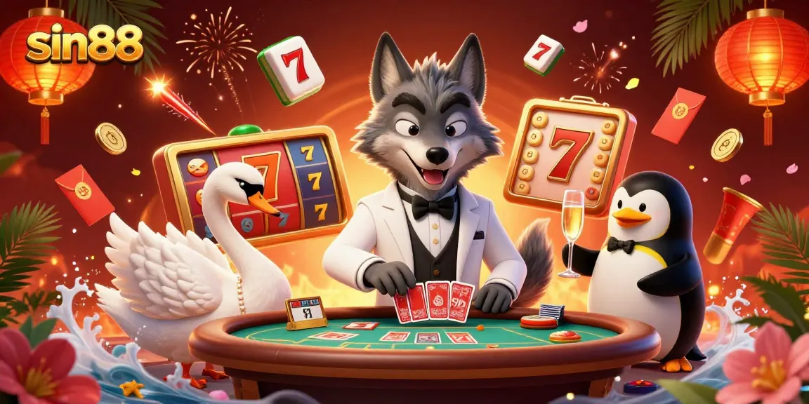 Experience the thrill of sin88 with a lavish baccarat scene featuring a suave wolf and swan dealer.