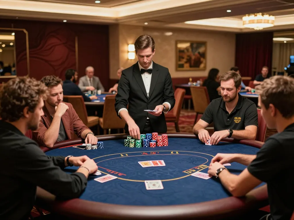 FIVE88 players strategizing in a luxurious poker game, showcasing excitement and high stakes