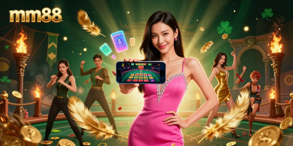 Win big at mm88 with vibrant casino games showcased by a confident woman.