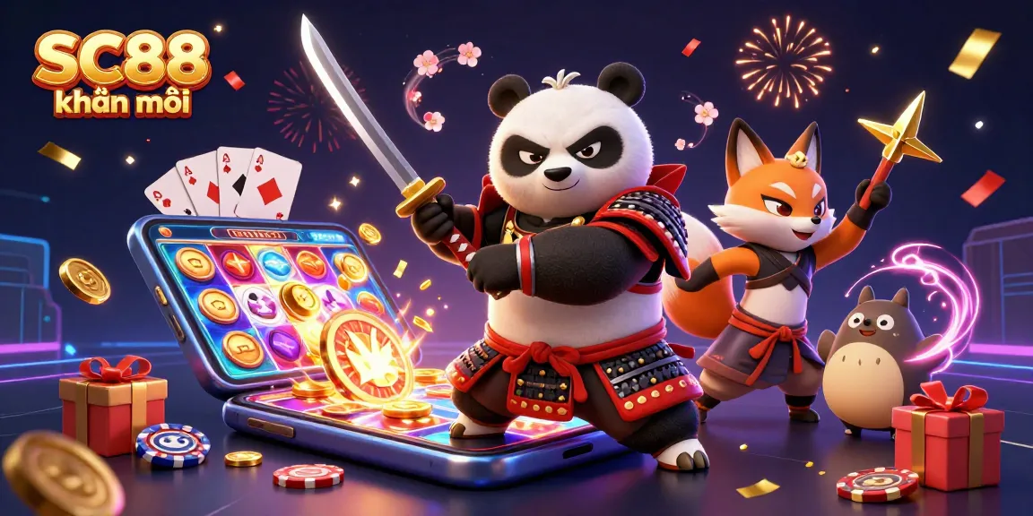 Engage with SC88 khuyến mãi featuring a playful samurai panda and ninja fox in a vibrant casino scene.