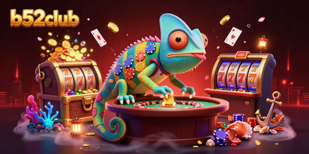 Experience thrilling gameplay with b52club, featuring a vibrant chameleon casino owner surrounded by exciting slot elements.