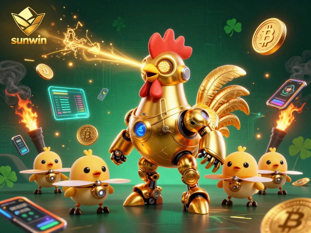 Experience excitement with sunwin's golden rooster robot shooting lasers, surrounded by cryptocurrency elements.