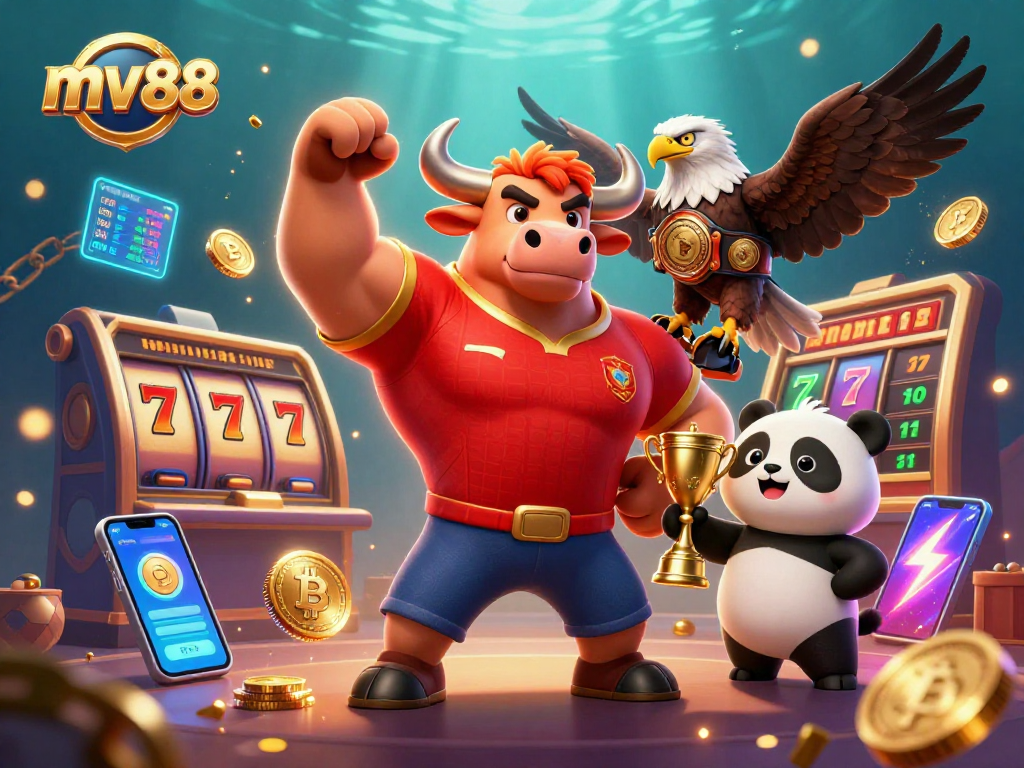 Win big with mv88's vibrant casino scene featuring a strong bull mascot and fun elements.