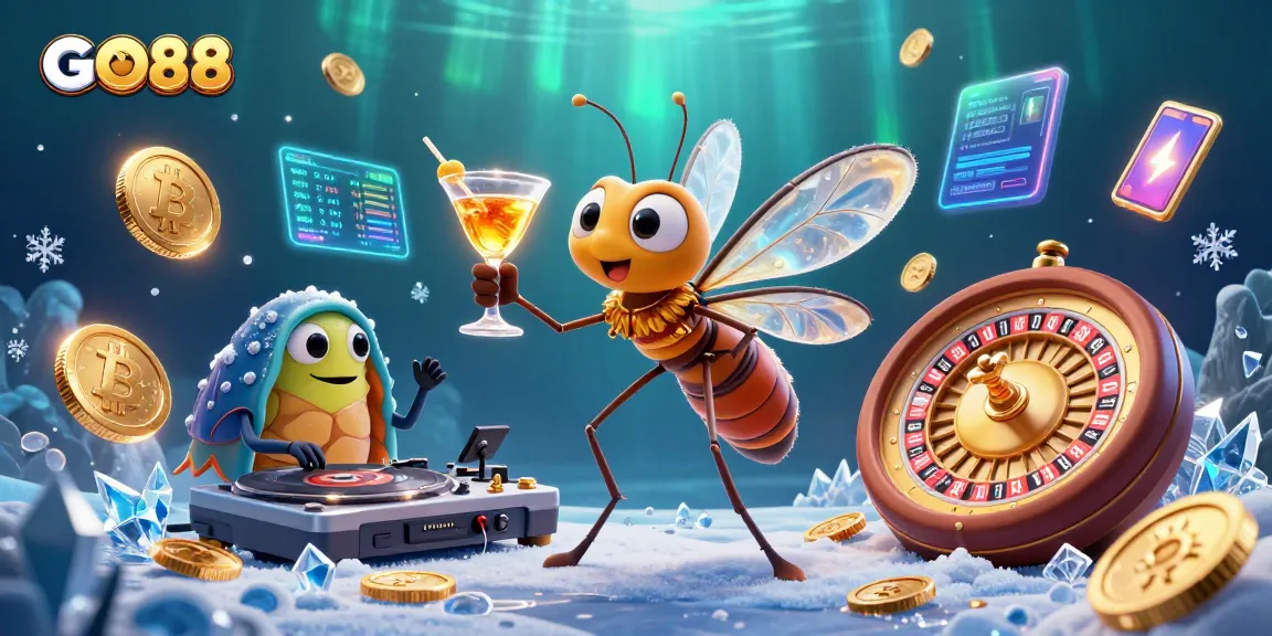 Engage in winning strategies at GO88 Casino with a vibrant 3D scene showcasing exciting characters and crypto elements.