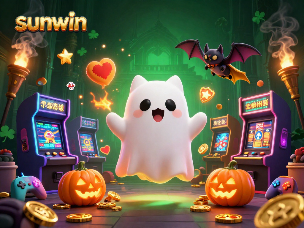 Catch the excitement at sunwin in this vibrant haunted casino scene featuring a ghost cat and vampire bat.