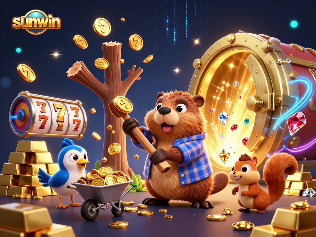 Engage with Sunwin's vibrant casino world through illustrations of winning slots and playful characters.